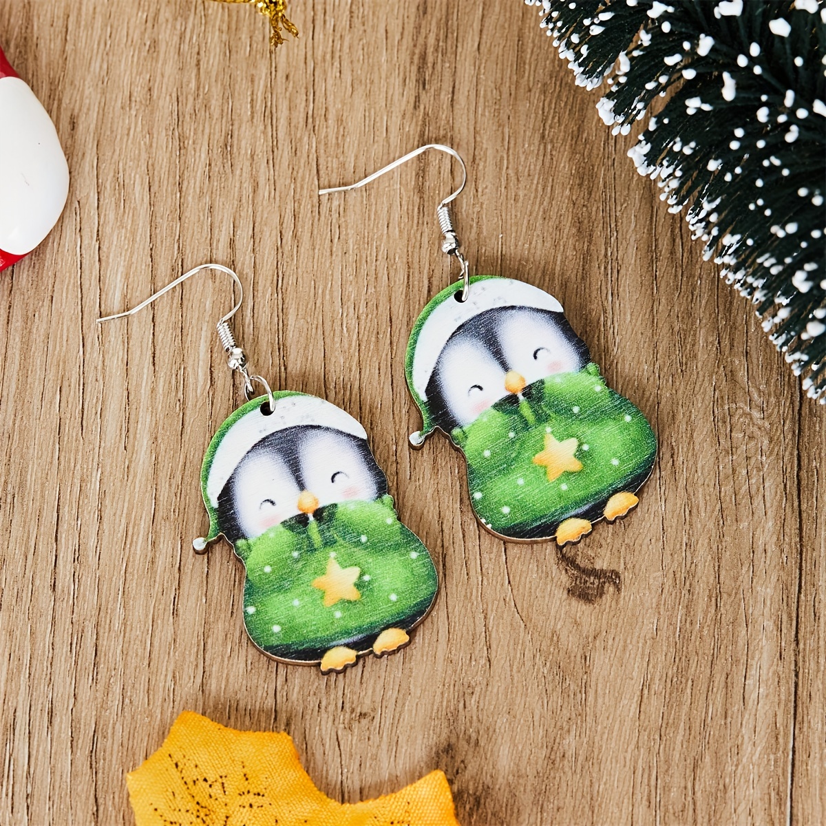 Green & Red Penguins Dangle Earrings Set Boho Style Wooden Jewelry